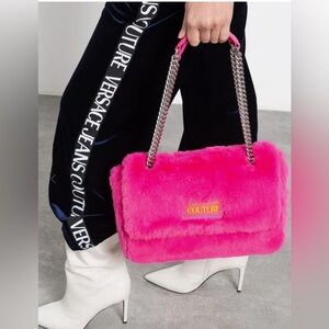 Versace Pink Faux Fur Shoulder Bag with Metallic Chain